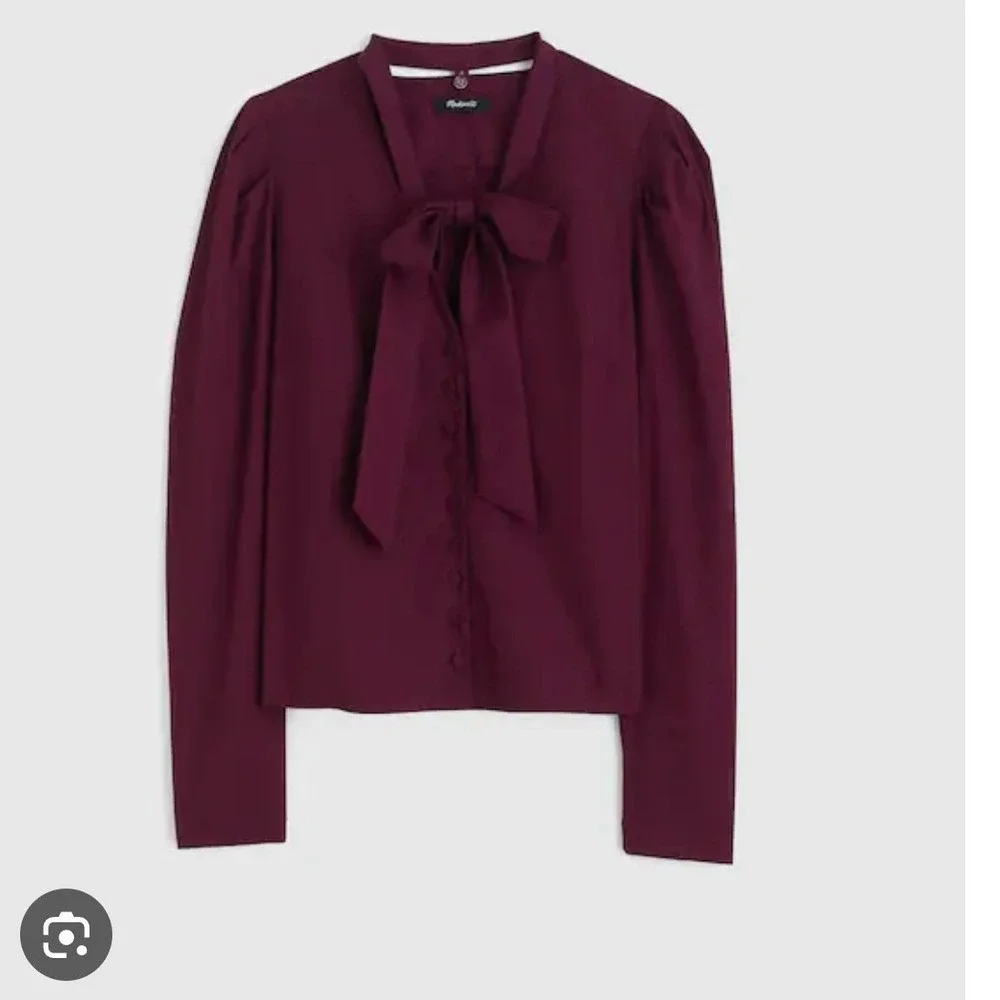 Madewell NEW V-Neck Tie-Neck Button-Front Top Burgundy XXS‎ Luxury Minimalist